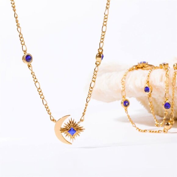 Last Week of Closet! NWT 18K Gold Plated Star Moon Blue Sapphire Necklace 18” - Picture 11 of 16